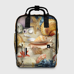 Рюкзак женский Морские раковины, кораллы, морские звёзды на песке, цвет: 3D-принт