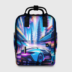 Рюкзак женский Киберпанк - спорткар в неоновом городе, цвет: 3D-принт