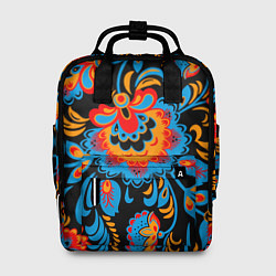 Рюкзак женский Хохломская роспись разноцветные цветы на чёроном ф, цвет: 3D-принт