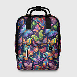 Рюкзак женский Бабочки в паттерне разноцветный яркий фон, цвет: 3D-принт
