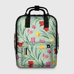 Рюкзак женский Тюльпаны цветочный паттерн на светло-зелёном фоне, цвет: 3D-принт