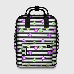 Рюкзак женский Фиолетовые зеленый цветы на черно белом полосатом, цвет: 3D-принт