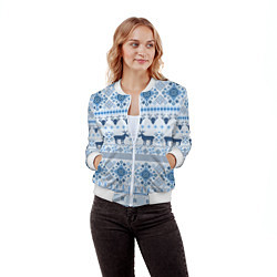 Бомбер женский Blue sweater with reindeer, цвет: 3D-белый — фото 2