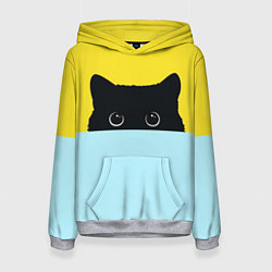 Толстовка-худи женская Черный кот выглядывает, цвет: 3D-меланж