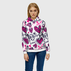 Толстовка-худи женская Love - pink hearts, цвет: 3D-белый — фото 2