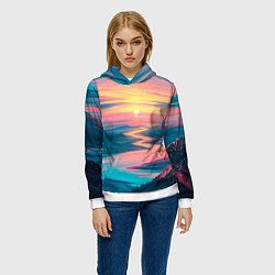 Толстовка-худи женская Извилистая река закат природа, цвет: 3D-белый — фото 2