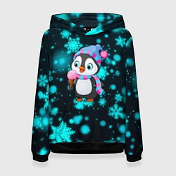 Толстовка-худи женская Новогодний пингвин, цвет: 3D-черный