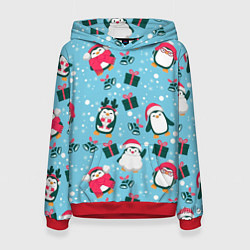 Толстовка-худи женская Новогодние Пингвины, цвет: 3D-красный
