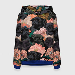 Толстовка-худи женская Мопсы и Цветы, цвет: 3D-синий