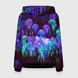 Толстовка-худи женская Неоновые медузы, цвет: 3D-черный