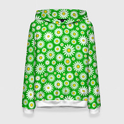 Толстовка-худи женская Ромашки на зелёном фоне, цвет: 3D-белый