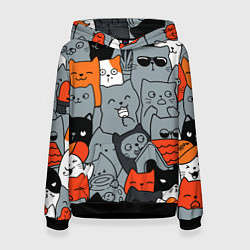Толстовка-худи женская Разноцветные коты, цвет: 3D-черный