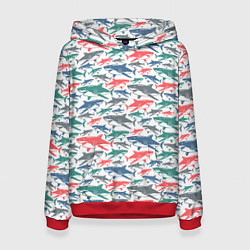 Толстовка-худи женская Разноцветные Акулы, цвет: 3D-красный
