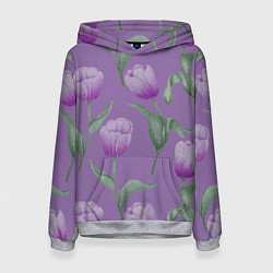 Толстовка-худи женская Фиолетовые тюльпаны с зелеными листьями, цвет: 3D-меланж