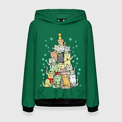 Толстовка-худи женская Коты Построение ёлкой, цвет: 3D-черный