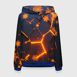 Толстовка-худи женская НОВОГОДНИЕ ОГНЕННЫЕ 3D ПЛИТЫ FIRE NEON HEXAGON, цвет: 3D-синий