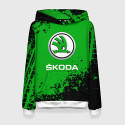 Толстовка-худи женская Skoda следы от шин, цвет: 3D-белый