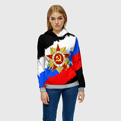 Толстовка-худи женская 9 МАЯ ДЕНЬ ПОБЕДЫ ФЛАГ РОССИИ КРАСКОЙ, цвет: 3D-меланж — фото 2