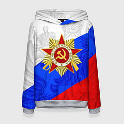 Толстовка-худи женская 9 МАЯ ГЕРБ И ФЛАГ ДЕНЬ ПОБЕДЫ, цвет: 3D-меланж