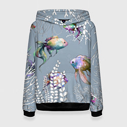 Толстовка-худи женская Разноцветные акварельные рыбки и белые водоросли, цвет: 3D-черный