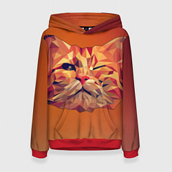 Толстовка-худи женская Полигональный кот подмигивает, цвет: 3D-красный
