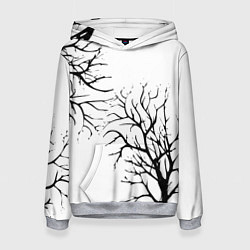 Толстовка-худи женская Черные ветки деревьев на белом фоне, цвет: 3D-меланж