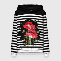Толстовка-худи женская Акварельные красные маки на черно-белом полосатом, цвет: 3D-белый