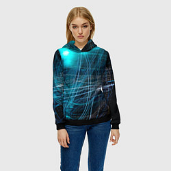 Толстовка-худи женская Неоновые волны и линии - Голубой, цвет: 3D-черный — фото 2
