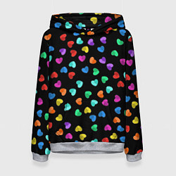 Толстовка-худи женская Сердечки разноцветные на черном, цвет: 3D-меланж