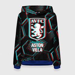 Толстовка-худи женская Aston Villa FC в стиле Glitch на темном фоне, цвет: 3D-синий