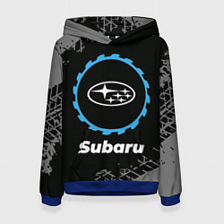 Толстовка-худи женская Subaru в стиле Top Gear со следами шин на фоне, цвет: 3D-синий