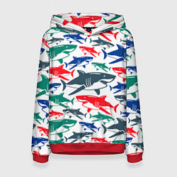 Толстовка-худи женская Стая разноцветных акул - паттерн, цвет: 3D-красный