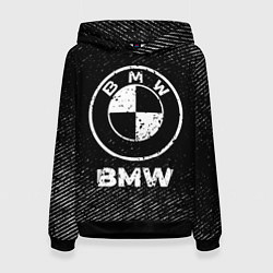 Толстовка-худи женская BMW с потертостями на темном фоне, цвет: 3D-черный