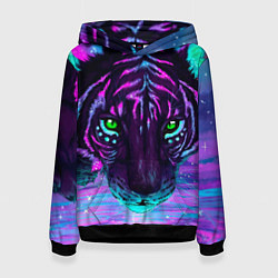 Толстовка-худи женская Светящийся неоновый тигр, цвет: 3D-черный