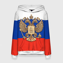 Толстовка-худи женская Герб России на фоне флага, цвет: 3D-белый
