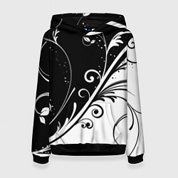 Толстовка-худи женская Симметричные чёрно белые цветы Symmetrical black a, цвет: 3D-черный