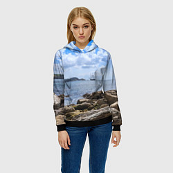 Толстовка-худи женская Парусник на горизонте океана, цвет: 3D-черный — фото 2