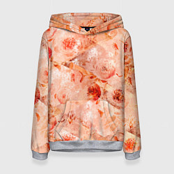 Толстовка-худи женская Гранжевый цветочный узор, коралловый фон, цвет: 3D-меланж