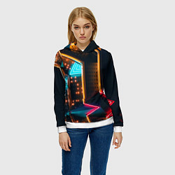 Толстовка-худи женская Неоновые огни на геометрических поверхностях, цвет: 3D-белый — фото 2