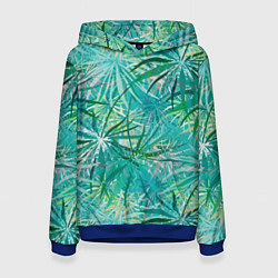 Толстовка-худи женская Тропические листья на зеленом фоне, цвет: 3D-синий