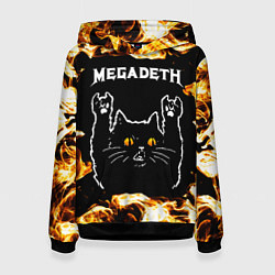 Толстовка-худи женская Megadeth рок кот и огонь, цвет: 3D-черный