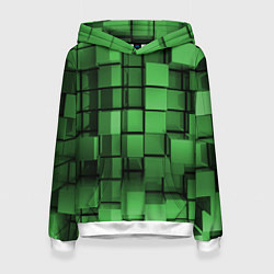 Толстовка-худи женская Киберпанк броня - Зелёный металлические кубы, цвет: 3D-белый