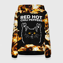 Толстовка-худи женская Red Hot Chili Peppers рок кот и огонь, цвет: 3D-черный