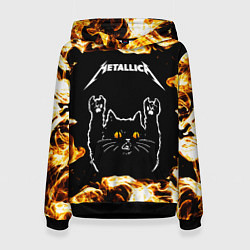 Толстовка-худи женская Metallica рок кот и огонь, цвет: 3D-черный