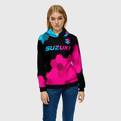 Толстовка-худи женская Suzuki - neon gradient: символ сверху, цвет: 3D-черный — фото 2