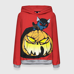 Толстовка-худи женская Halloween - тыква и кот, цвет: 3D-меланж