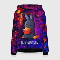 Толстовка-худи женская Кролик с мандаринами - Nom nom nom, цвет: 3D-черный
