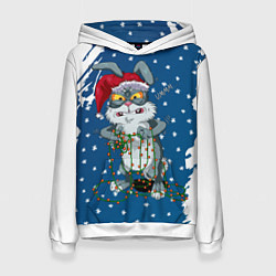 Толстовка-худи женская Кролик и гирлянда - 2023, цвет: 3D-белый