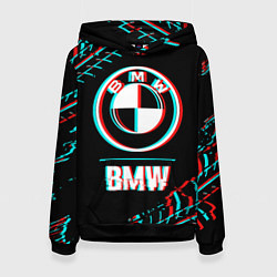 Толстовка-худи женская Значок BMW в стиле glitch на темном фоне, цвет: 3D-черный