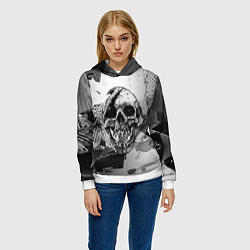 Толстовка-худи женская Череп монстра - fangs - glitch, цвет: 3D-белый — фото 2